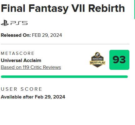《最终幻想7：重生》媒体综合评分出炉 MC93分必玩神作